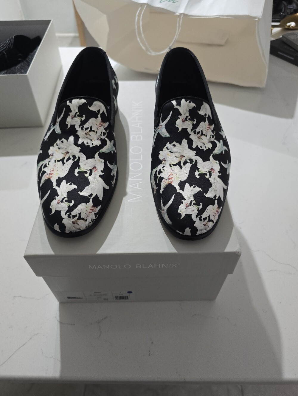 Manolo Blahnik Black Loafers with White Floral Print